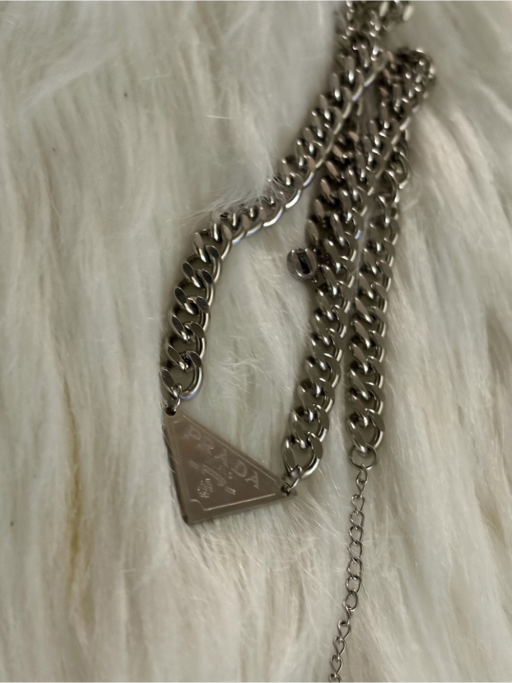 Prada Silver-Tone Necklace with Triangle Logo Pendant